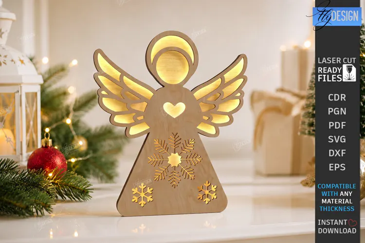 Wooden Angel Night Light Laser Cut | 3D Layered Christmas