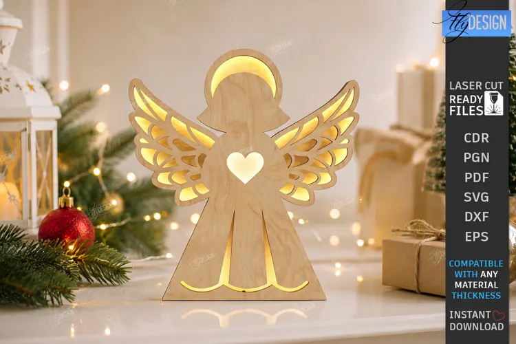 Wooden Angel Night Light Laser Cut | 3D Layered Christmas