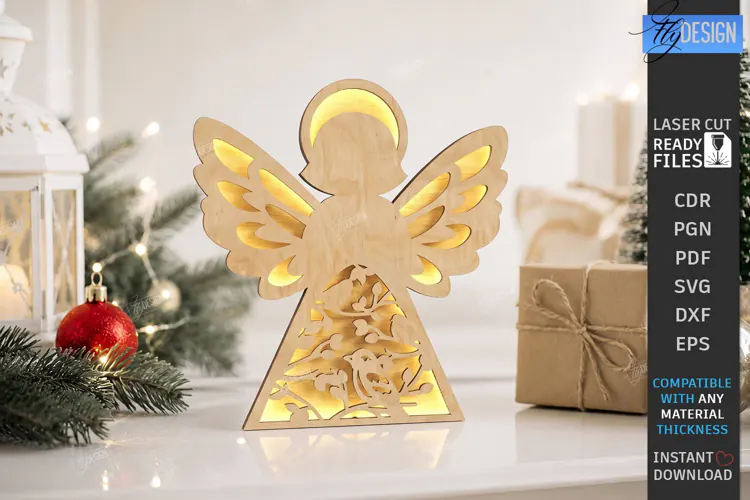 Wooden Angel Night Light Laser Cut | 3D Layered Christmas
