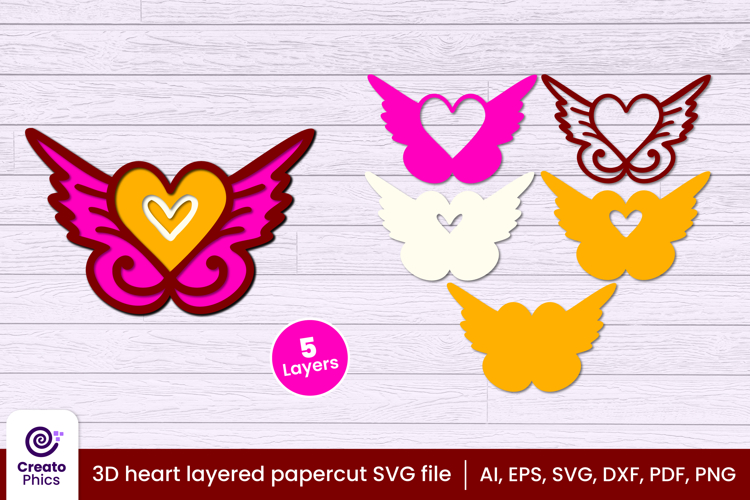 3D layered heart wings papercut file | angel wings SVG