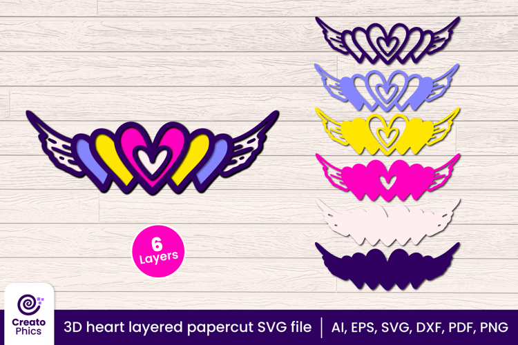 3D layered heart wings papercut file | angel wings SVG