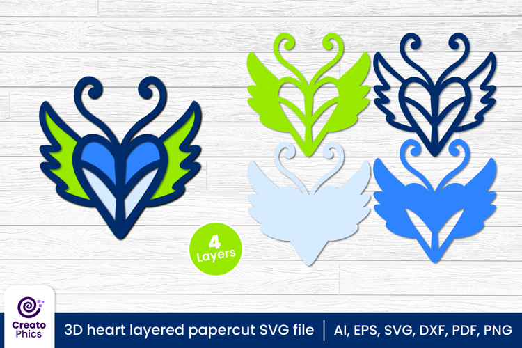3D layered heart wings papercut file | angel wings SVG
