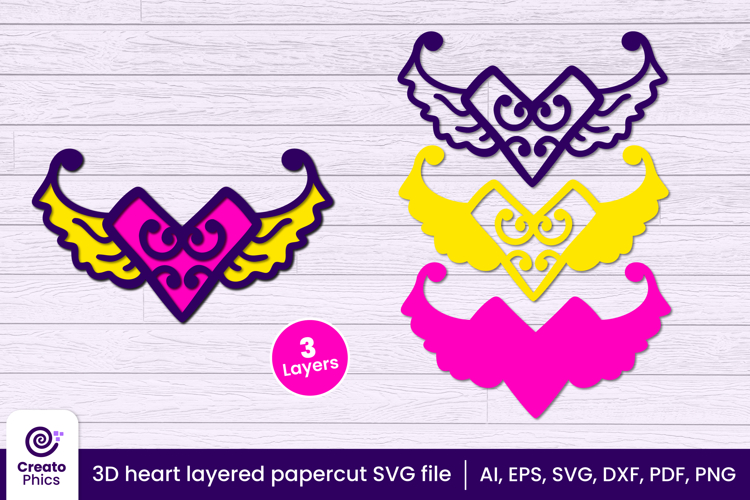 3D layered heart wings papercut file | angel wings SVG
