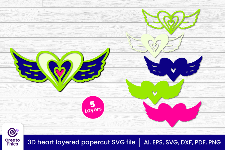 3D layered heart wings papercut file | angel wings SVG