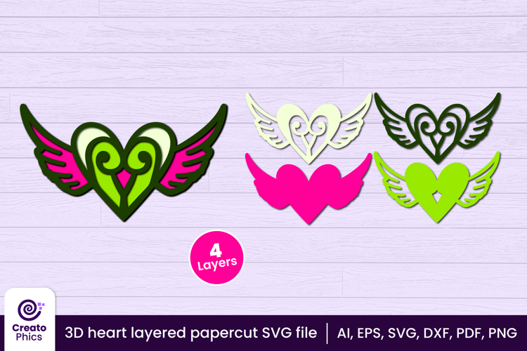 3D layered heart wings papercut file | angel wings SVG