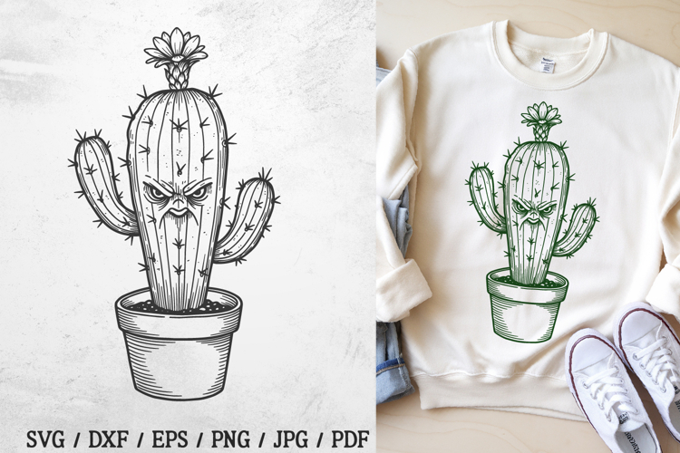 Angry Cactus SVG Files | Funny Potted Plant Cartoon PNG