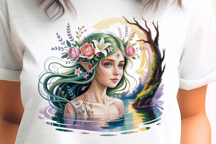 Green Fairy with Tree and Lilies PNG Sublimation