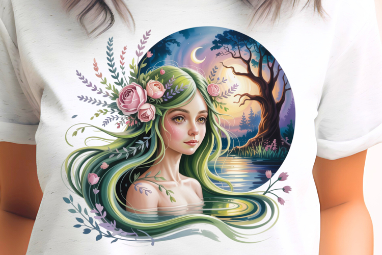 Green Fairy with Forest and Roses PNG Sublimation