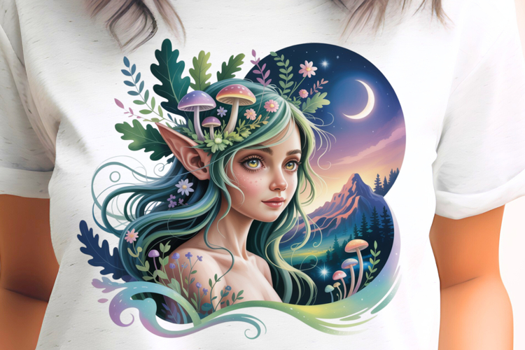 Forest Green Fairy with Mushrooms PNG Sublimation