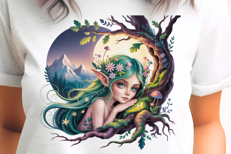 Cute Mountain Fairy with Oak Tree PNG Sublimation
