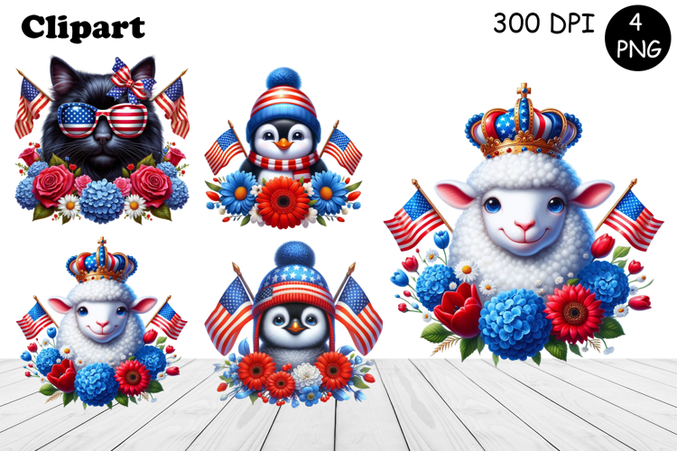 Patriotic American Flag animal Clipart 4 of July Sublimation