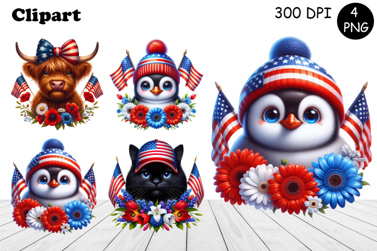 Patriotic American Flag animal Clipart 4 of July Sublimation