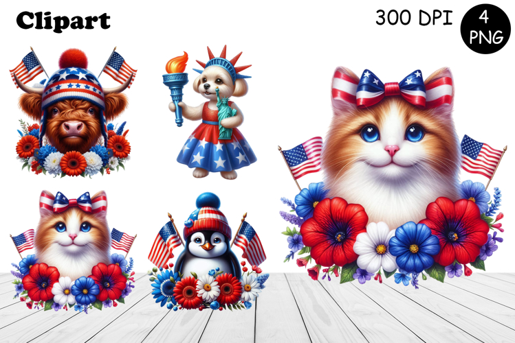 Patriotic American Flag animal Clipart 4 of July Sublimation