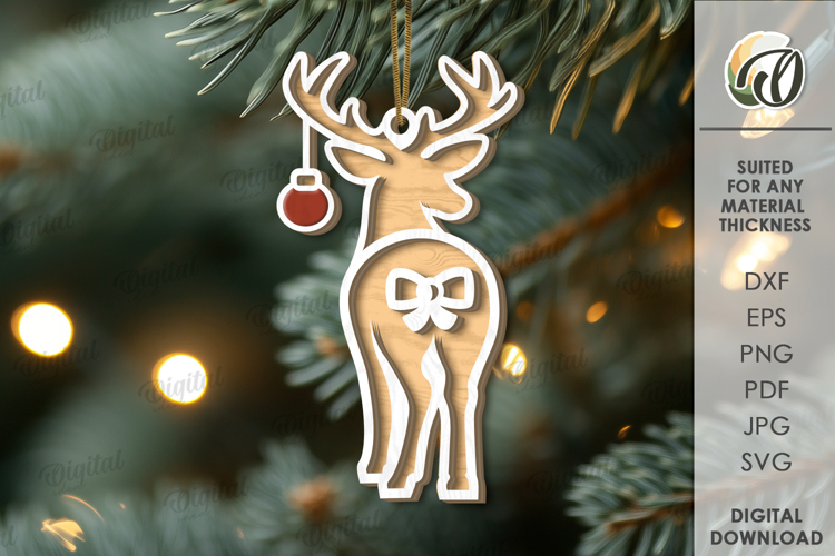 Christmas Animal Tree Ornament Laser Cut. Reindeer SVG