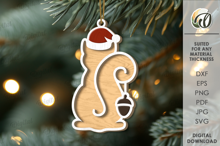 Christmas Animal Tree Ornament Laser Cut. Cat SVG