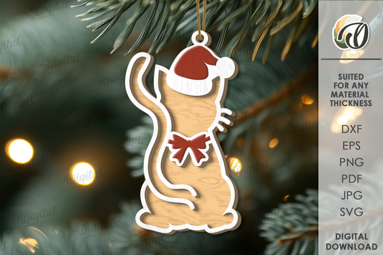 Christmas Animal Tree Ornament Laser Cut. Cat SVG