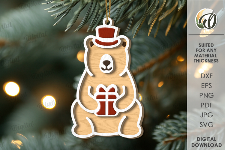 Christmas Animal Tree Ornament Laser Cut. Bear SVG