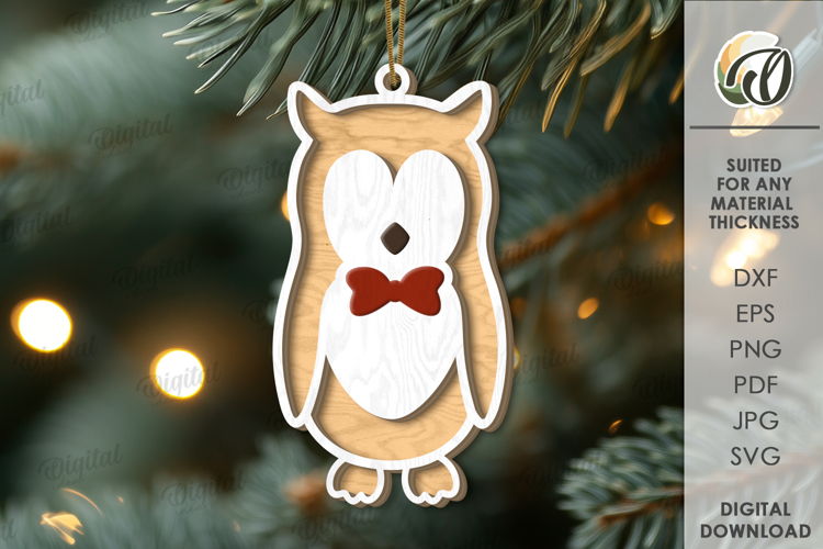Christmas Animal Tree Ornament Laser Cut. Owl SVG