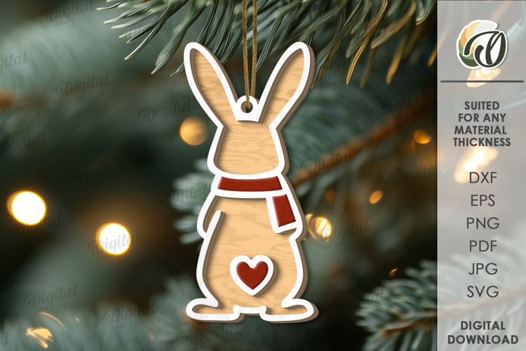 Christmas Animal Tree Ornament Laser Cut. Bunny SVG