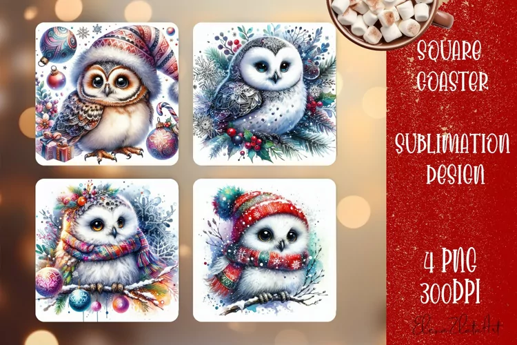 Christmas owl Sublimation Coaster Design, animal
