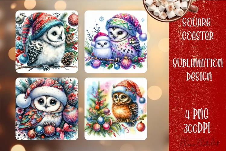 Christmas owl Sublimation Coaster Design, animal