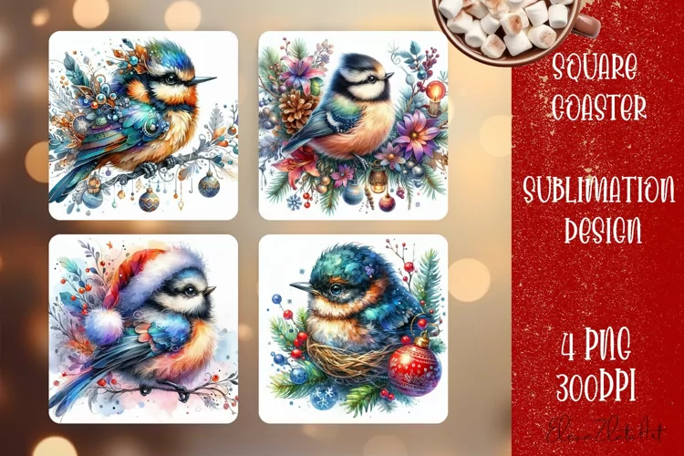 Christmas bird Sublimation Coaster Design, animal
