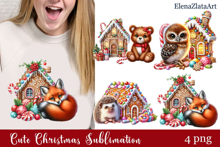Cute cristmas animal watercolor clipart PNG