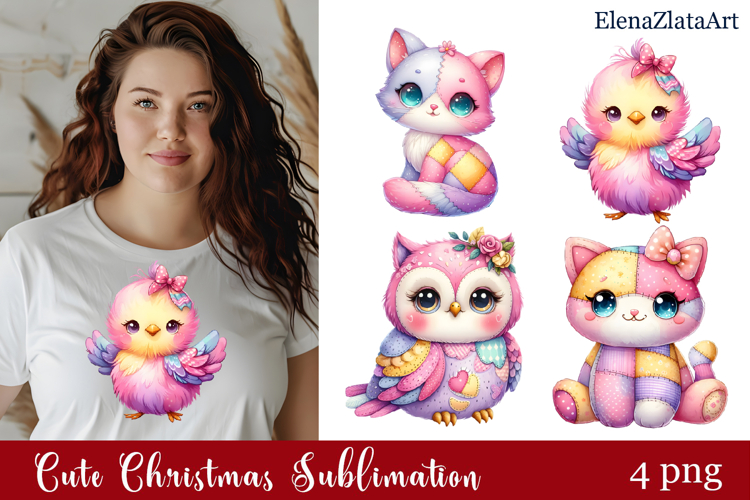 Cute animal watercolor patchwork clipart PNG