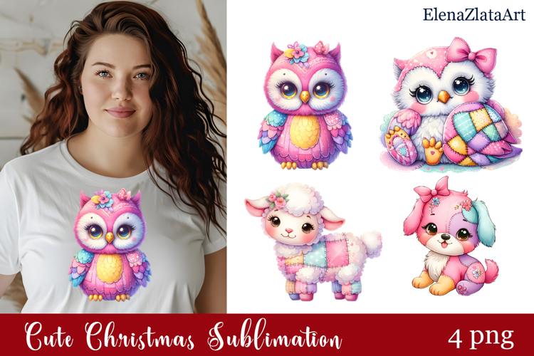 Cute animal watercolor patchwork clipart PNG