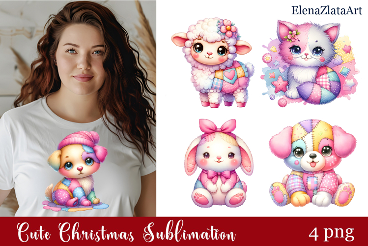Cute animal watercolor patchwork clipart PNG