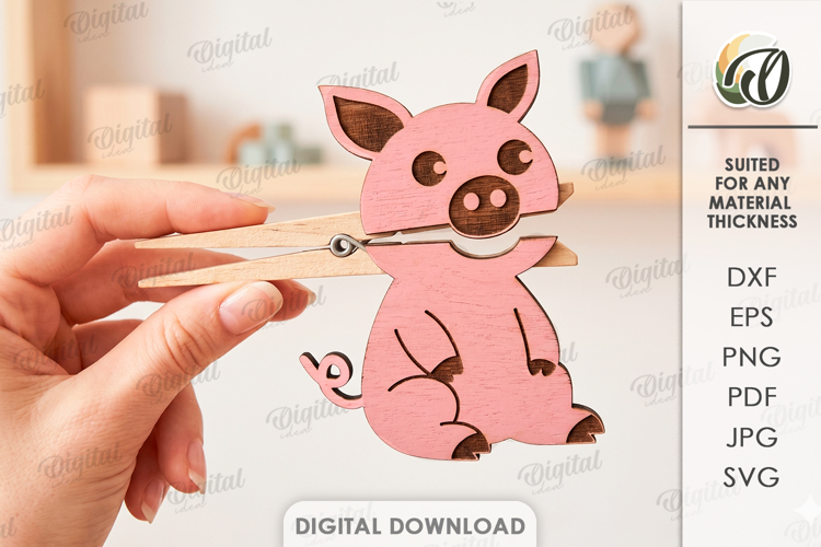 Animal Clothespin Puppet Laser Cut. Kids Toy. Pig SVG example image 1
