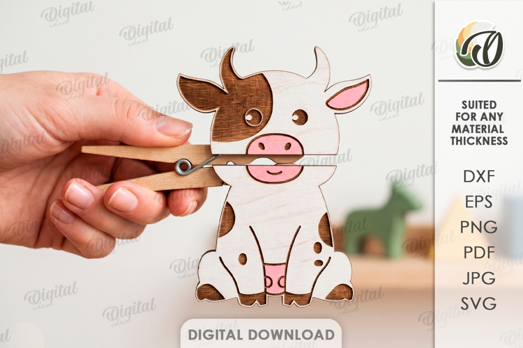 Animal Clothespin Puppet Laser Cut. Kids Toy. Cow SVG example image 1