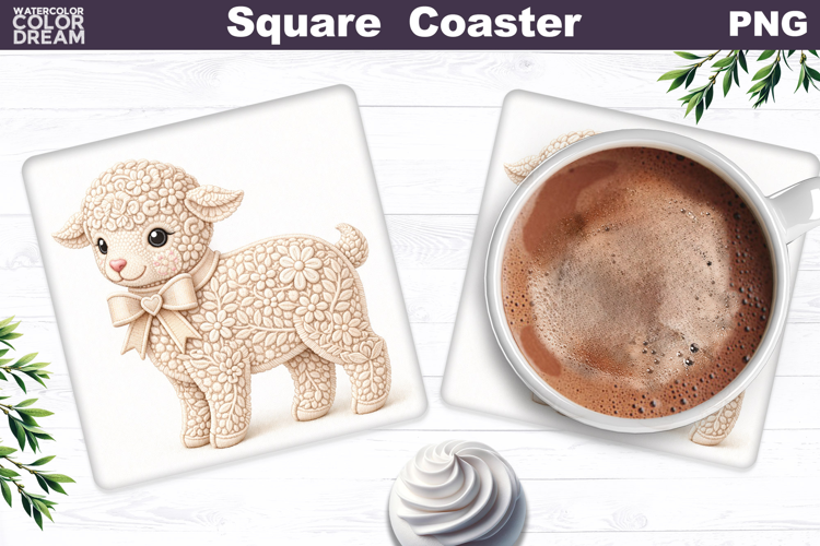 Lamb Floral Square Coaster | Spring Animal Sublimation