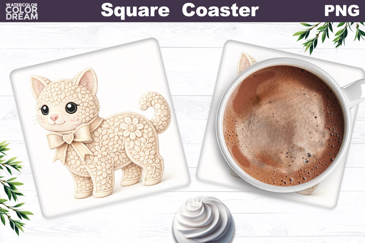 Cat Floral Square Coaster | Spring Animal Sublimation example image 1