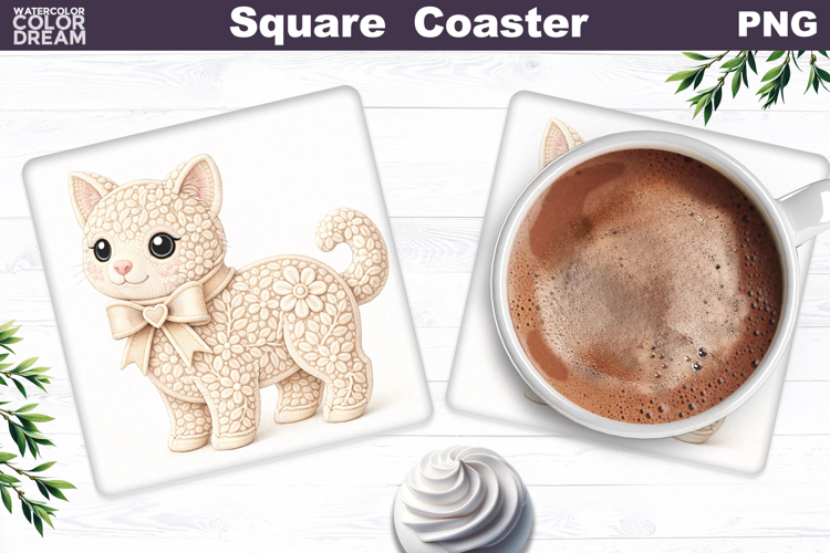 Cat Floral Square Coaster | Spring Animal Sublimation