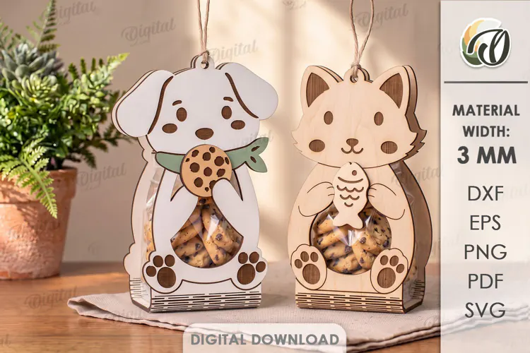 Dog and Cat Cookie Holders Laser Cut. Treat Holder SVG