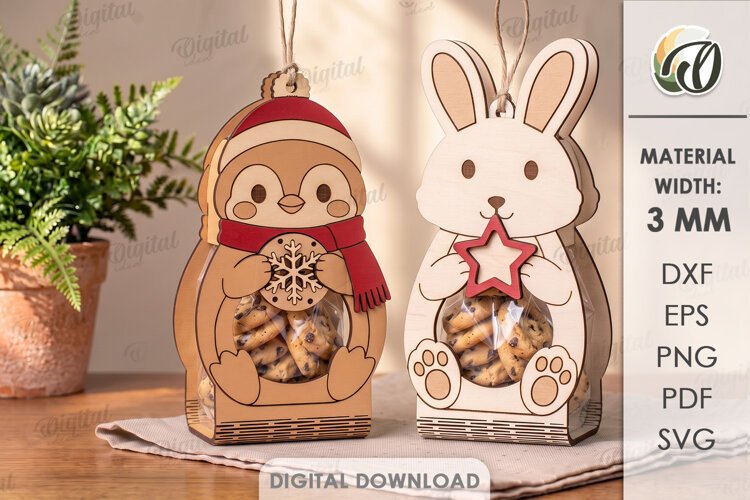 Penguin and Bunny Cookie Holders Laser Cut. Treat Holder SVG example image 1