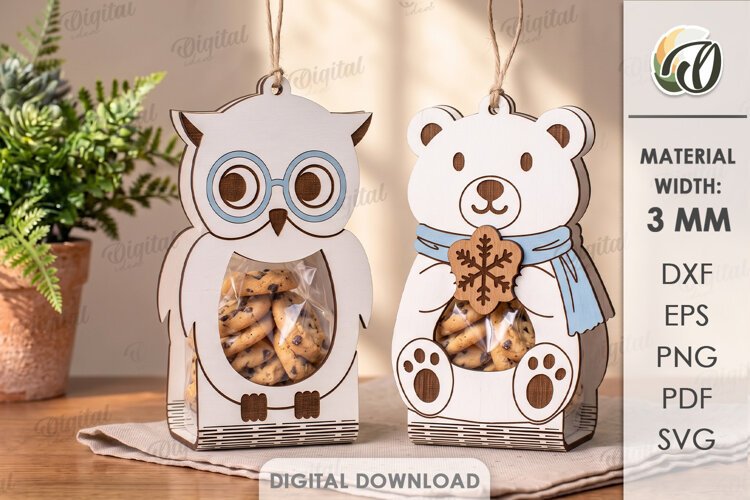 Owl and Polar Bear Cookie Holders Lasercut. Treat Holder SVG example image 1