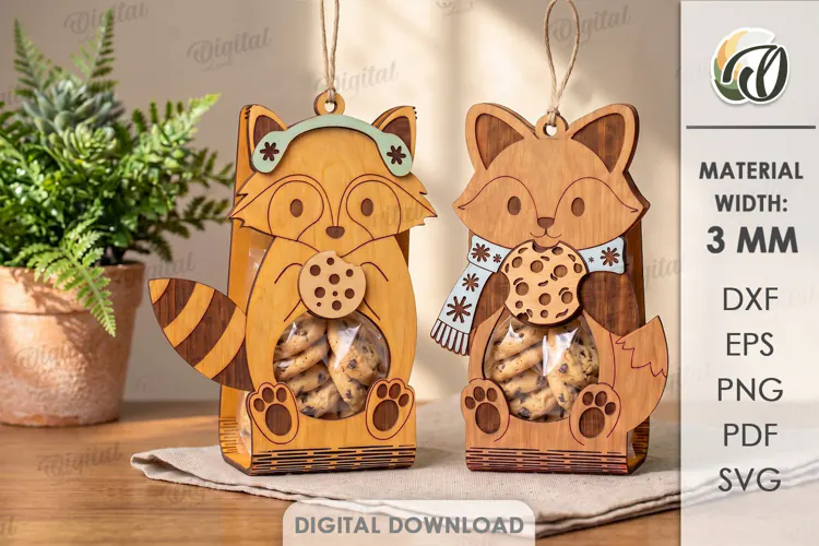 Raccoon and Fox Cookie Holders Laser Cut. Treat Holder SVG