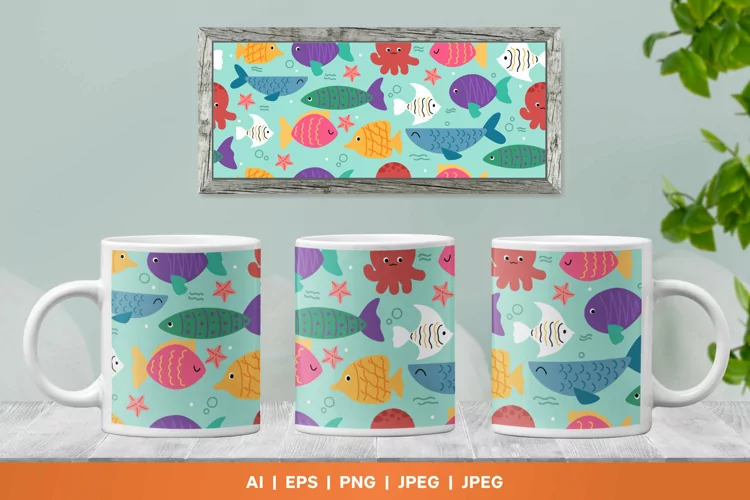 Cute Fish and Other Sea Animals Seamless Mug Wrap