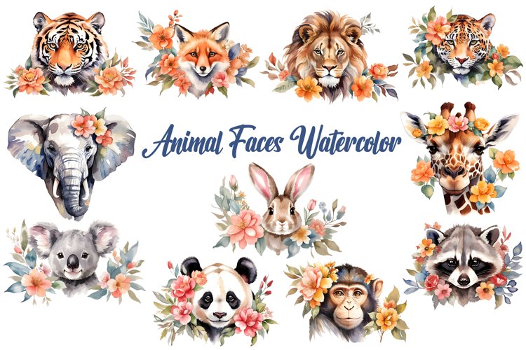 Animal Faces Watercolor Clipart example image 1