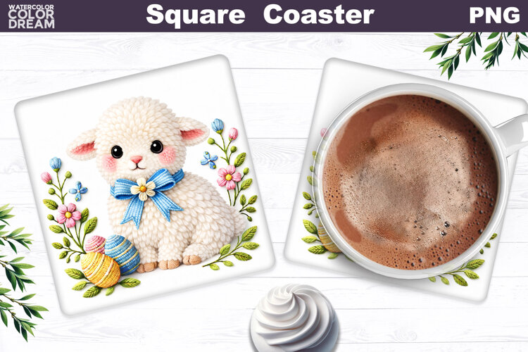 Lamb Floral Square Coaster | Easter Animal Sublimation example image 1