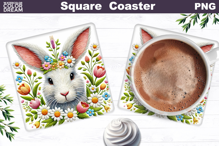 Bunny Floral Square Coaster | Easter Animal Sublimation