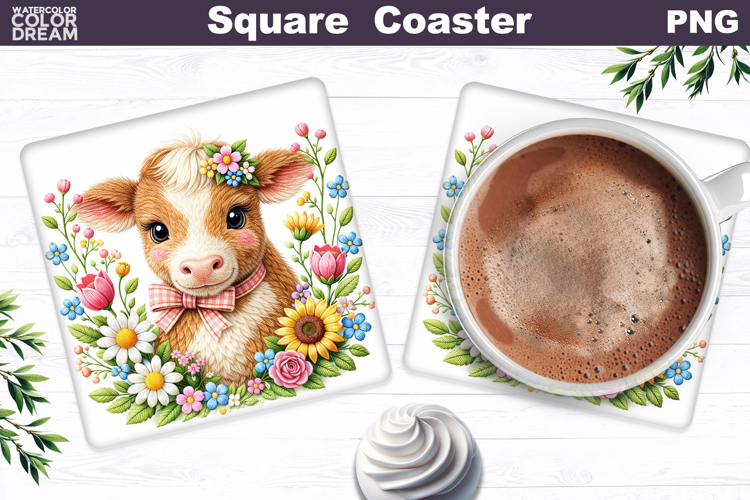 Cow Floral Square Coaster | Easter Animal Sublimation