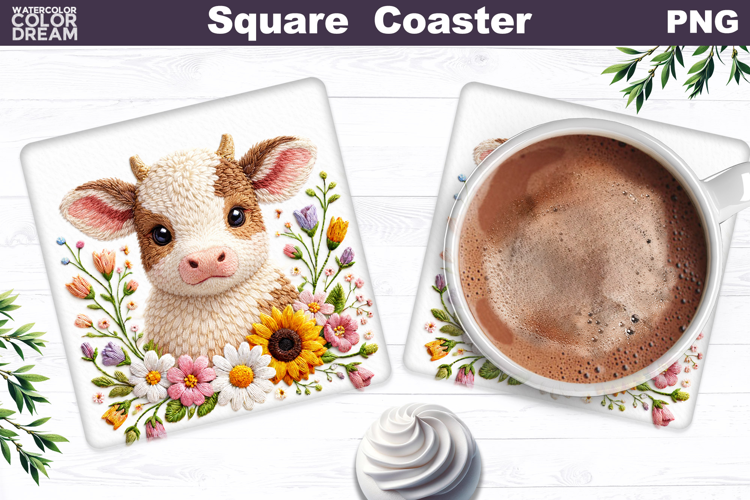 Cow Floral Square Coaster | Easter Animal Sublimation