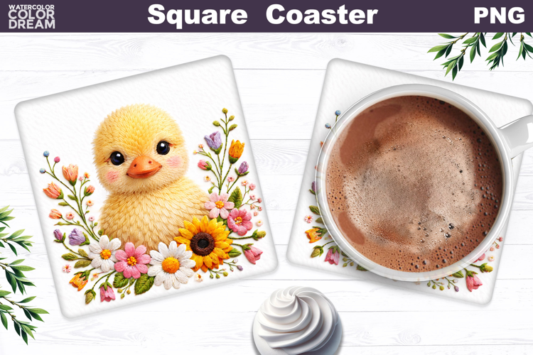 Duckling Floral Square Coaster | Easter Animal Sublimation