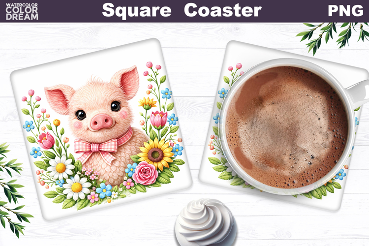 Pig Floral Square Coaster | Easter Animal Sublimation