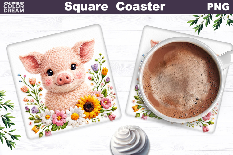 Pig Floral Square Coaster | Easter Animal Sublimation