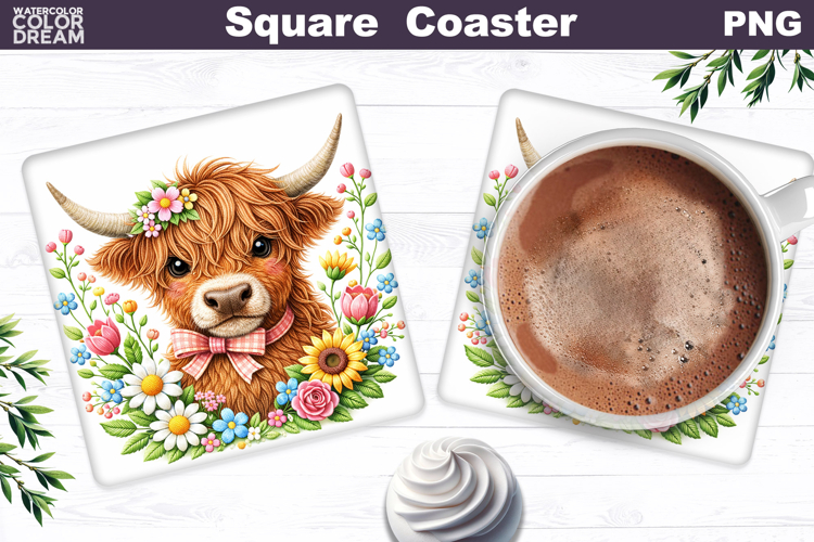 Highland Cow Floral Square Coaster | Easter Animal Sublimati
