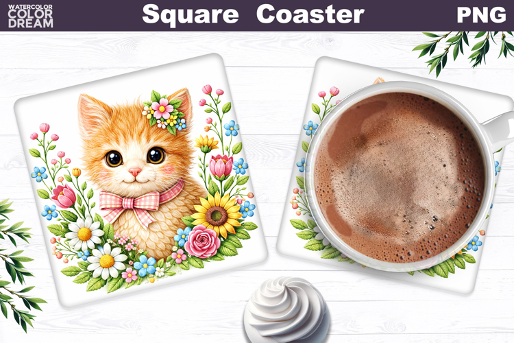Cat Floral Square Coaster | Easter Animal Sublimation